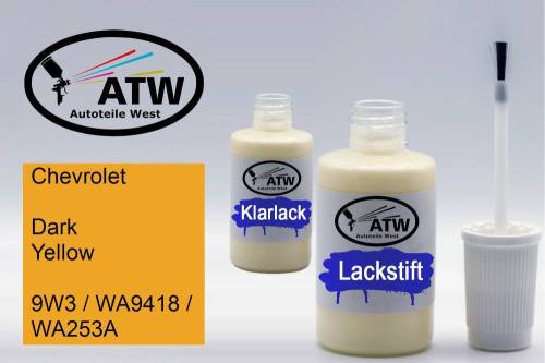 Chevrolet, Dark Yellow, 9W3 / WA9418 / WA253A: 20ml Lackstift + 20ml Klarlack - Set, von ATW Autoteile West.